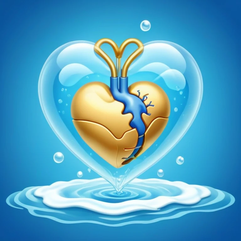 Golden floating capsule wrapped in soft blue liquid waves, slowly spinning around a translucent heart and a shining brain, with flashes of calmness that expand like waves in water emoji