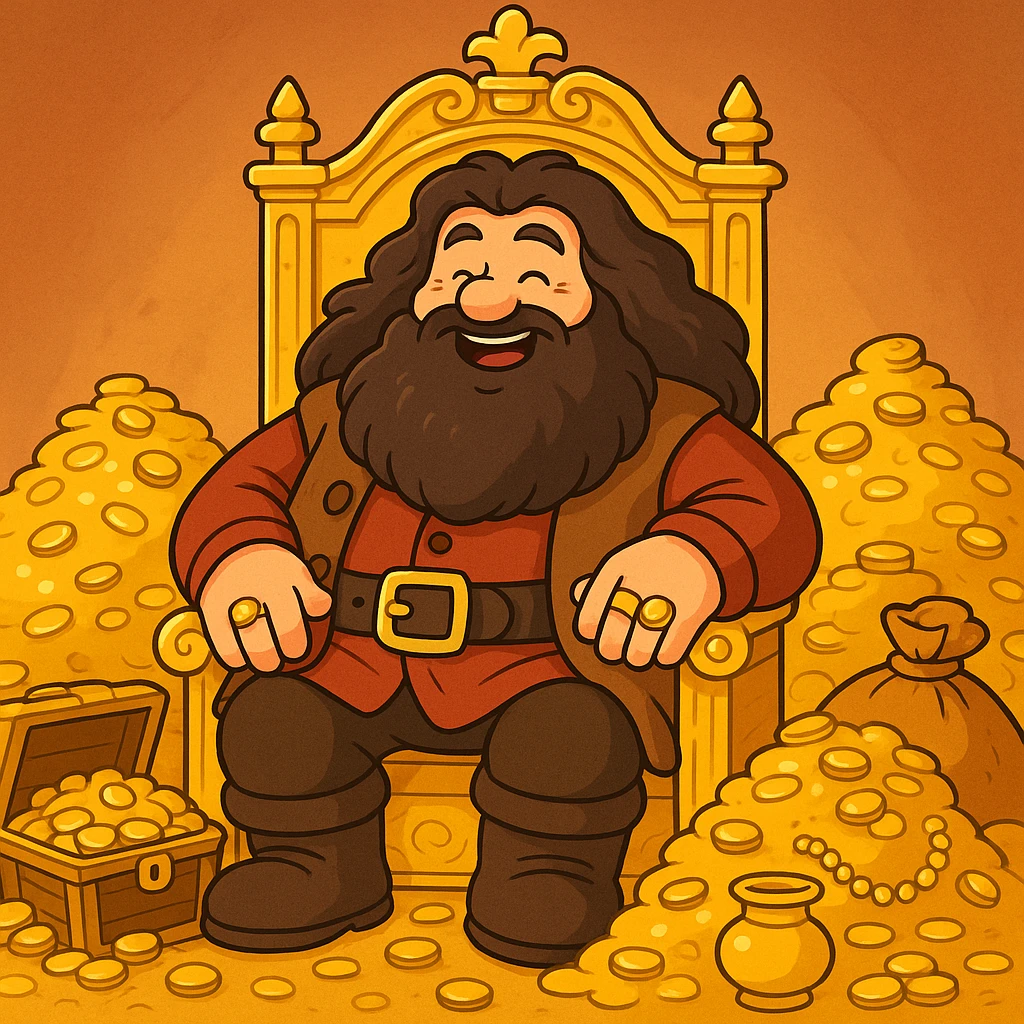 A cartoon Hagrid sitting on a throne made of gold, with piles of treasure around him, looking happy and rich, colorful, cartoon style emoji