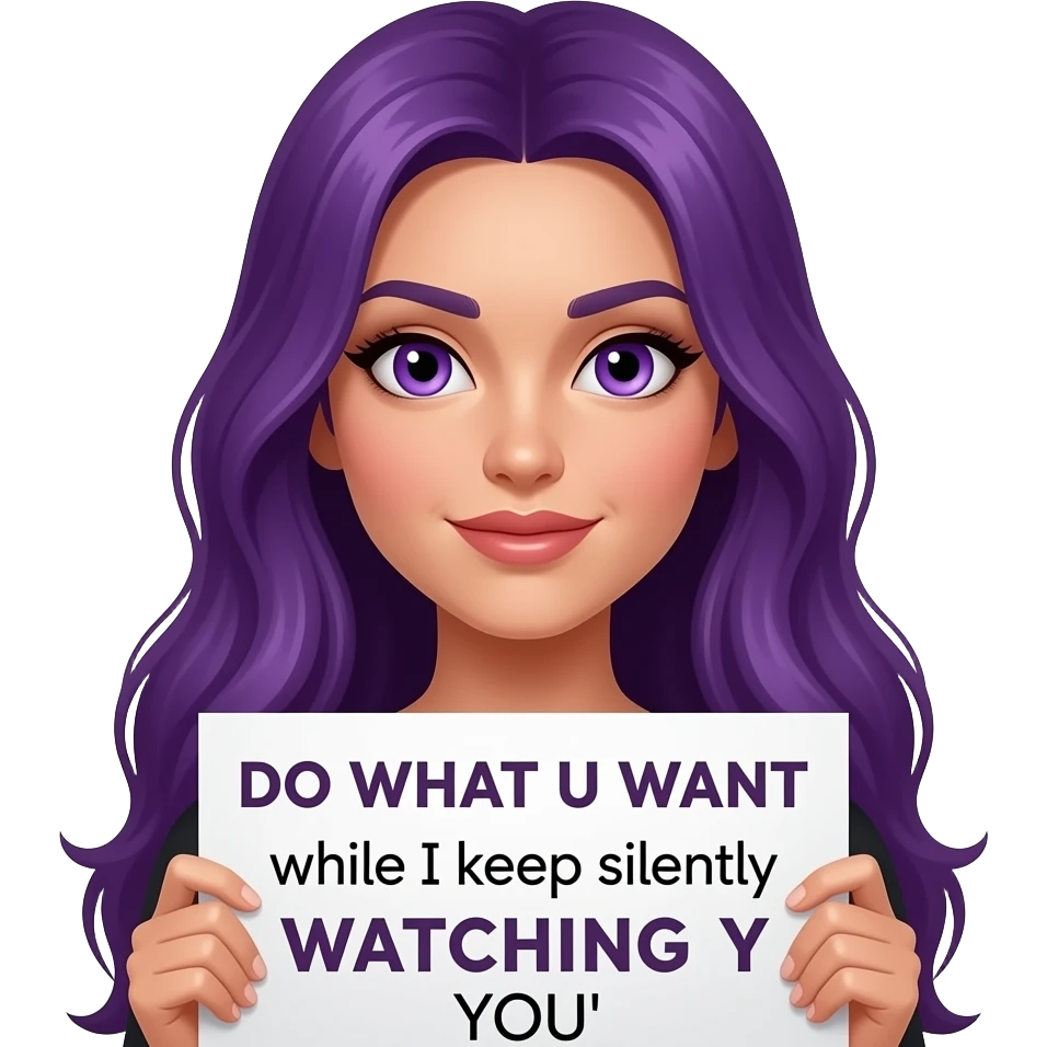 sexy girl with long purple hair and purple eyes holding a DO WHAT U WANT while I keep silently WATCHING YOU sign emoji