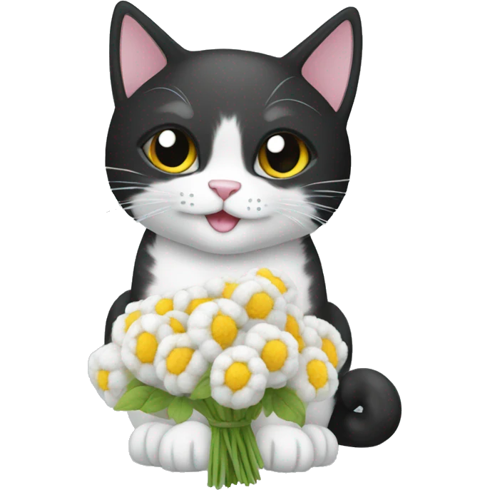 black and white cat with a bouquet of cotton emoji