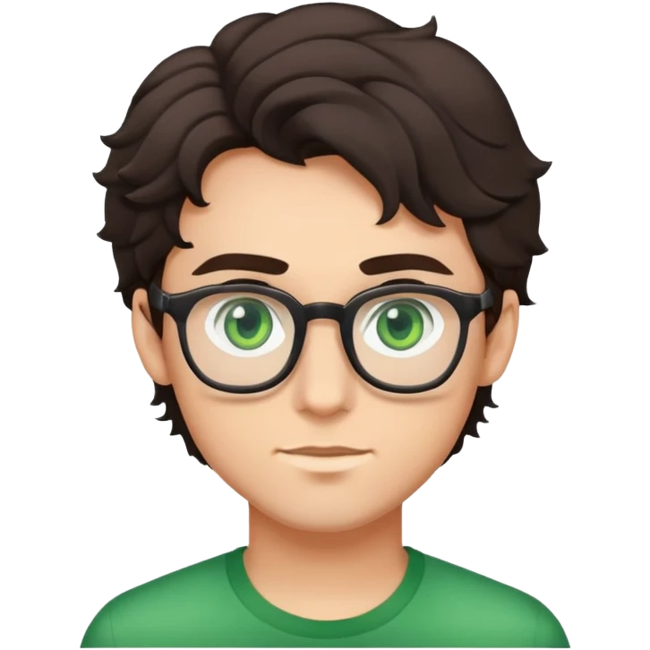 young man with dark slightly curled hair wearing glasses with green eyes emoji