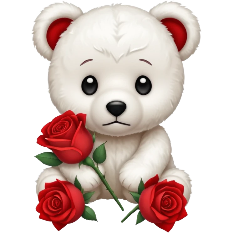Cute white teddy bear with sad puppy dog eyes holding roses  emoji
