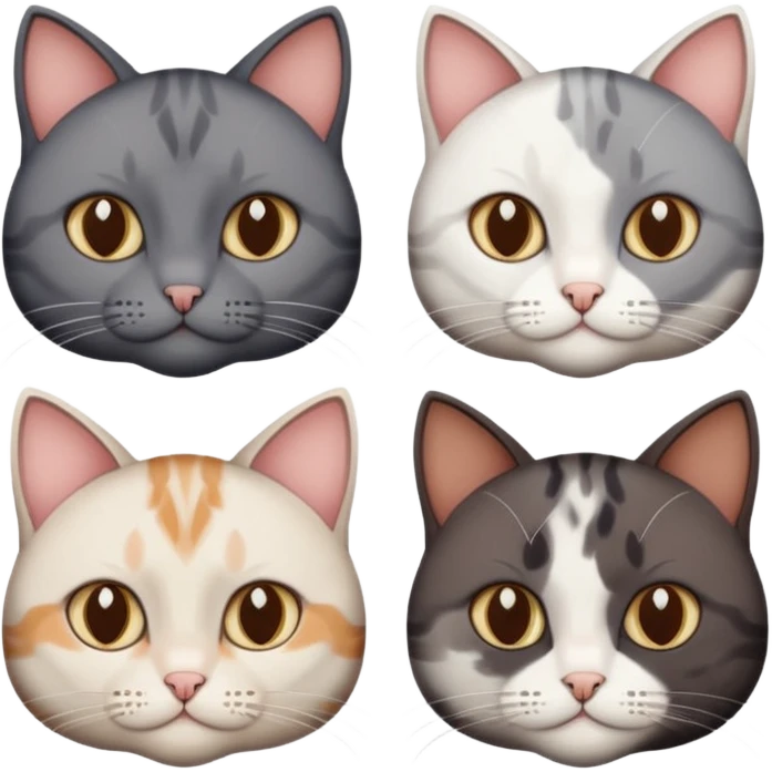 4 different coloured short haired cats including; a dark brown and white cat, and a dark grey and white  emoji