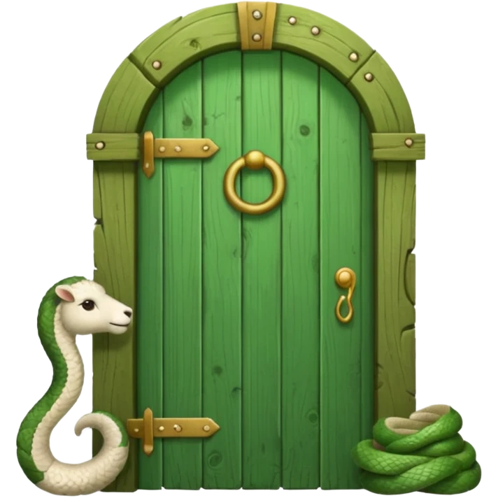 Ancient green door with a lamb and a snake talking  emoji