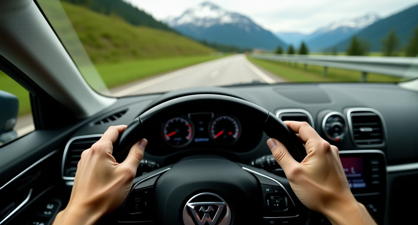 Realistic camshot pov car (hands holding car wheel) switzerland road with car crash emoji