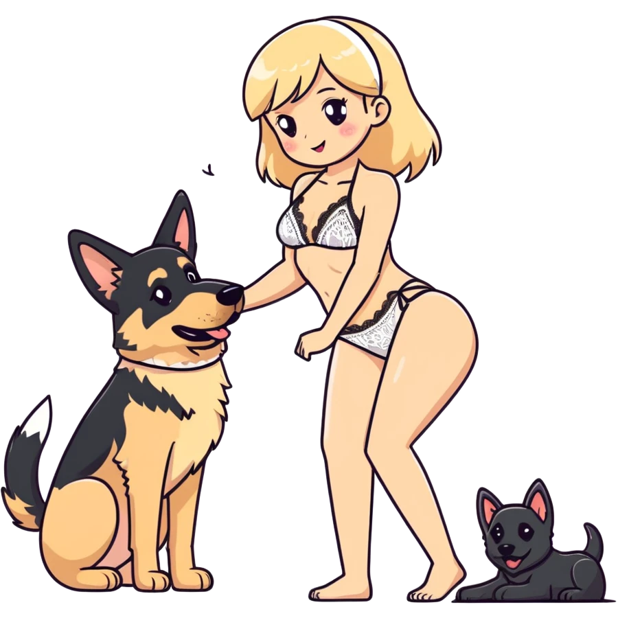 petite blushing subby blonde human woman white lace bikini romance with large German shepherd  emoji