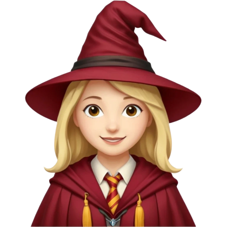 A young woman wearing a classic witch’s hat, red tie, and wizarding robes. This outfit suggests she's a student from Gryffindor House (from the Harry Potter universe), as the red tie is a signature detail of that house's uniform. emoji