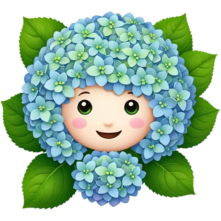 Adorable cute hydrangea flower with happy face, puffy round cluster of pastel colored tiny blooms, cheerful appearance, and cute little green leaves emoji