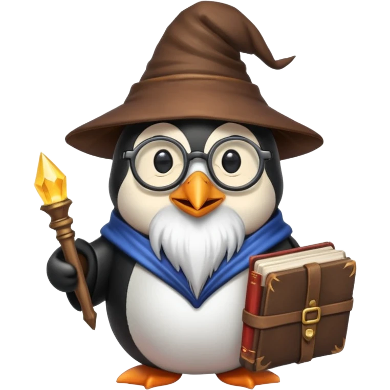 cute penguin wizard with glasses, a long beard, and a spellbook emoji