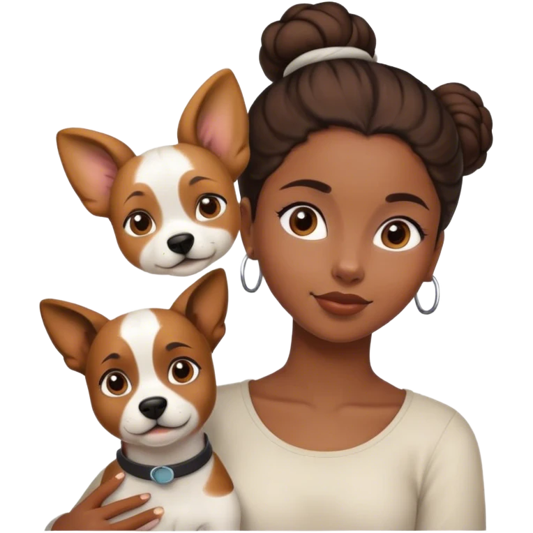 smart, 30 year old, brown African girl, back bun hairstyle, with one big white brown dog emoji
