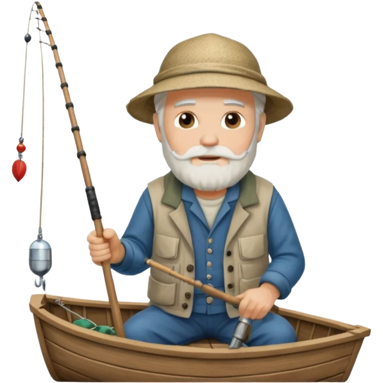 an old white haired, bearded man in fisherman attire, sat in a big boat on the ocean, holding one fishing rod in one hand, with the end of the fishing line touching the water emoji