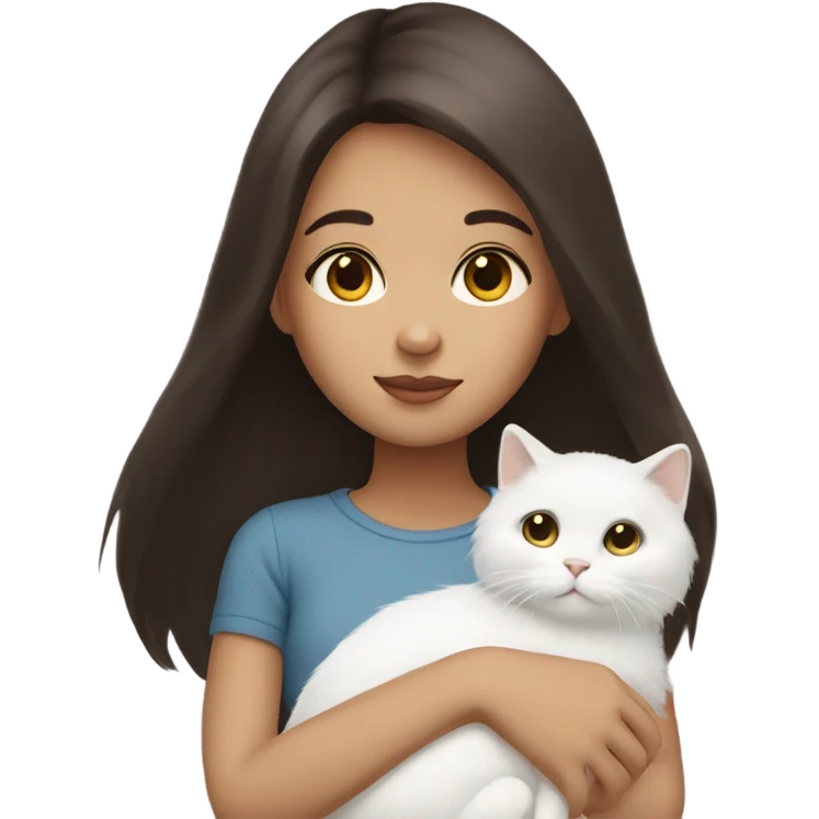 Dark brown straight hair girl holding white fluffy cat  emoji