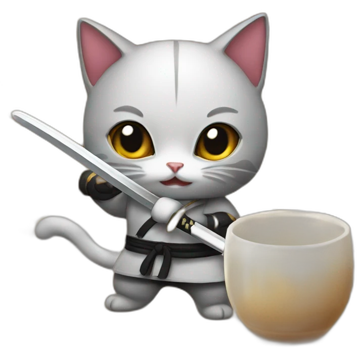 Ninja cat cuts croissant with  katana emoji