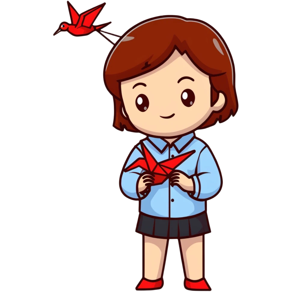 Ukrainian young girl with brown hair wearing an embroidered shirt holds an origami red crane emoji