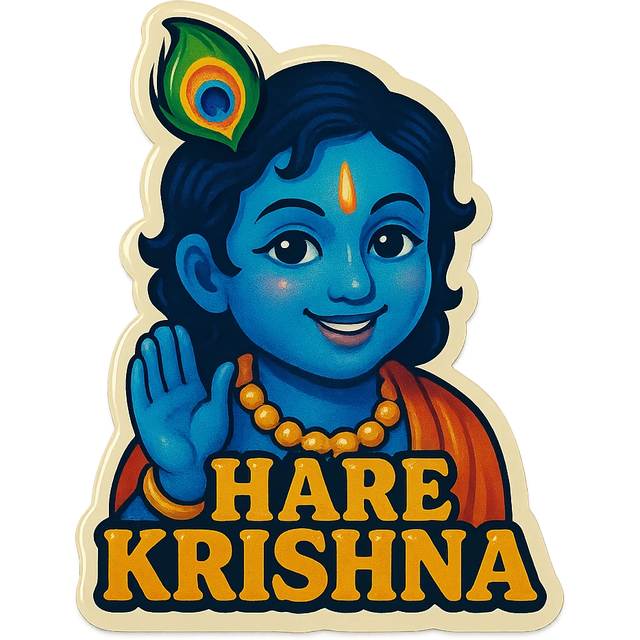 Hare Krishna themed sticker, Krishna with a peacock feather crown, smiling, no text emoji