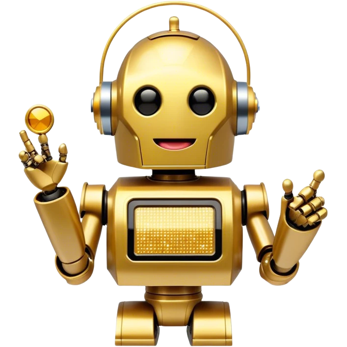 Sparkling Gold variant DaftPunk-style robot talk box, tongue out, laughing, cute emoji