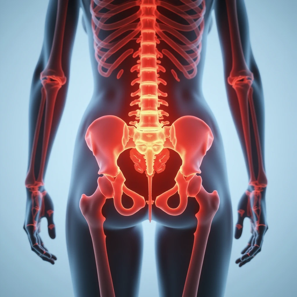 Anatomical view of piriformis muscle on a standing woman, highlighted in red in the gluteal region, bones and other muscles visible in transparency, frontal view, hyperrealism 4K, white background emoji