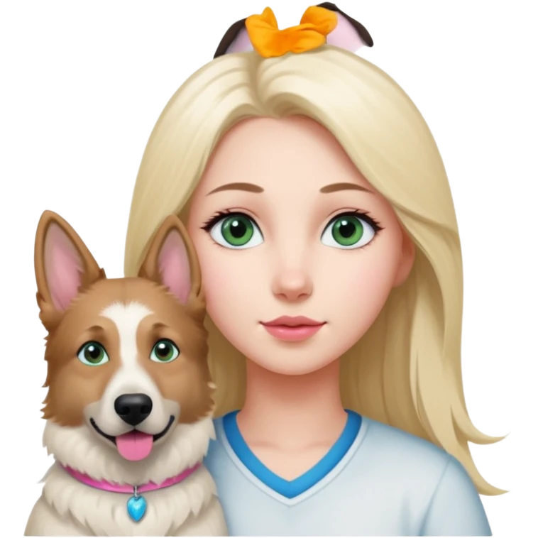 White European young woman with blue-green eyes and long blond hair with her white German Shepherd dog,the Dog hast a pink nose and short fur  and Brown eyes emoji