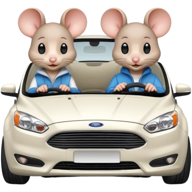 Two mouses, one girl and one boy, boy drive a white ford focus card emoji