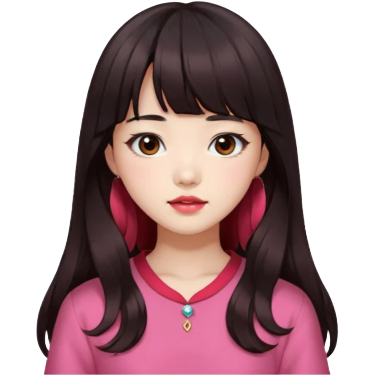 Korean girl, red top, black brown hair, brown eyes, long wavy hair, aesthetic, long hair, hime cut, blunt bangs, pink lip emoji