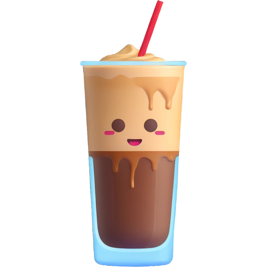A 3D style emoji of Vietnamese iced coffee in a glass with a straw and a coffee drop on the glass, highlighting the glass and the coffee drips. emoji