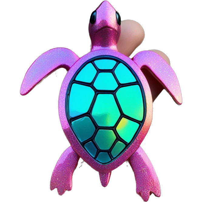 Sparkling cyan pink Turtle made from kaleidoscopic rainbow oilslick cyan glass, stained glass art emoji