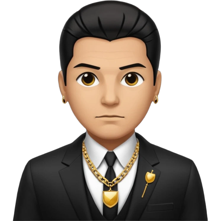 Mob boss in black suit, slick hair, gold chain, emoji