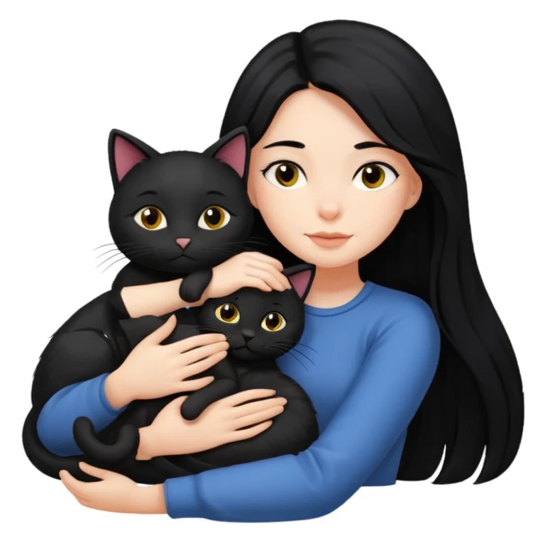 A girl with long black hair, lying down with her black cat while hugging each other. emoji