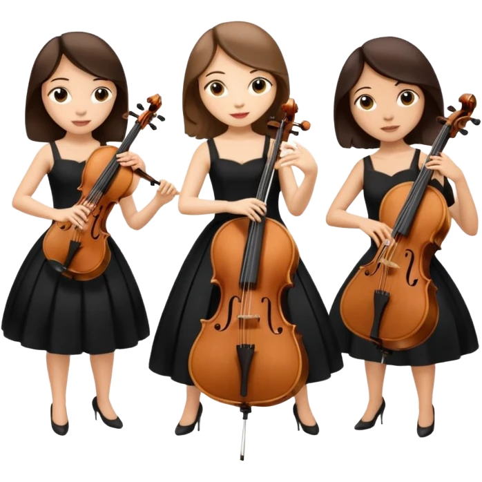 Create an imagine of three brunette women playing string instruments in black dresses, the first is playing a cello, the second is playing a viola and the third is playing the violin emoji