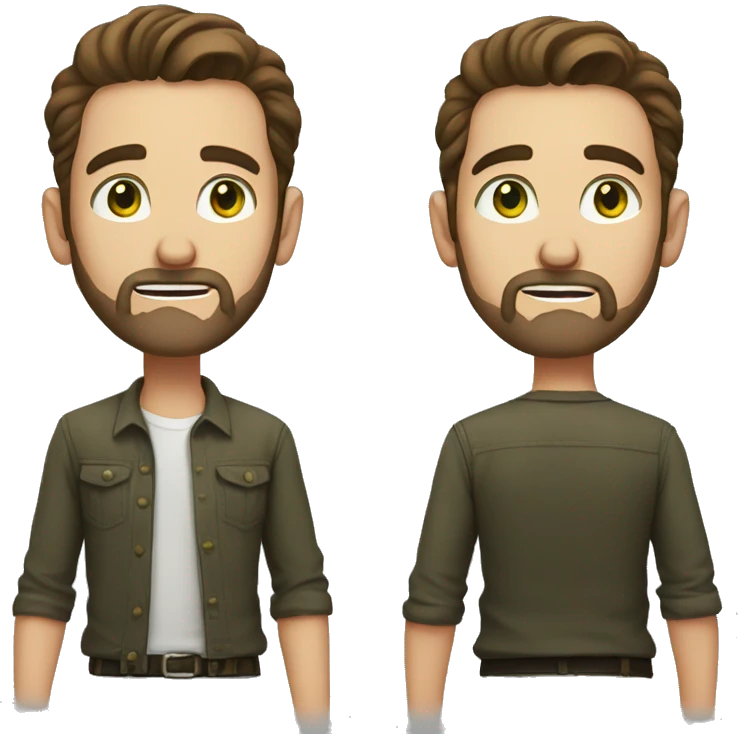 man, short brown hair, short beard, VERY LONG AND POINTY nose, white, green eyes emoji