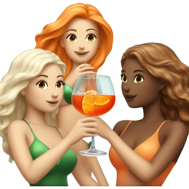 Three mermaids (1 blond, 2 brown hair) drinking aperol emoji