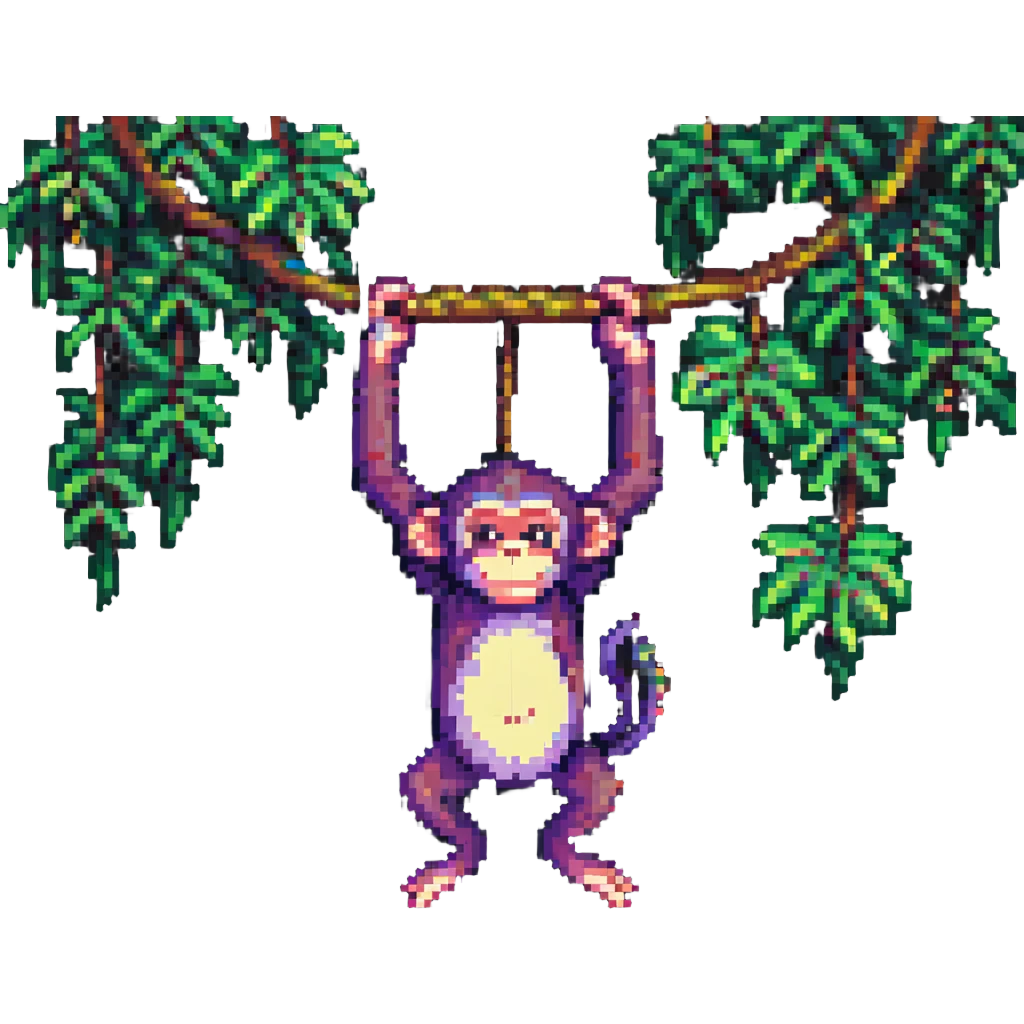 pixel art monkey, hanging from a tree branch emoji