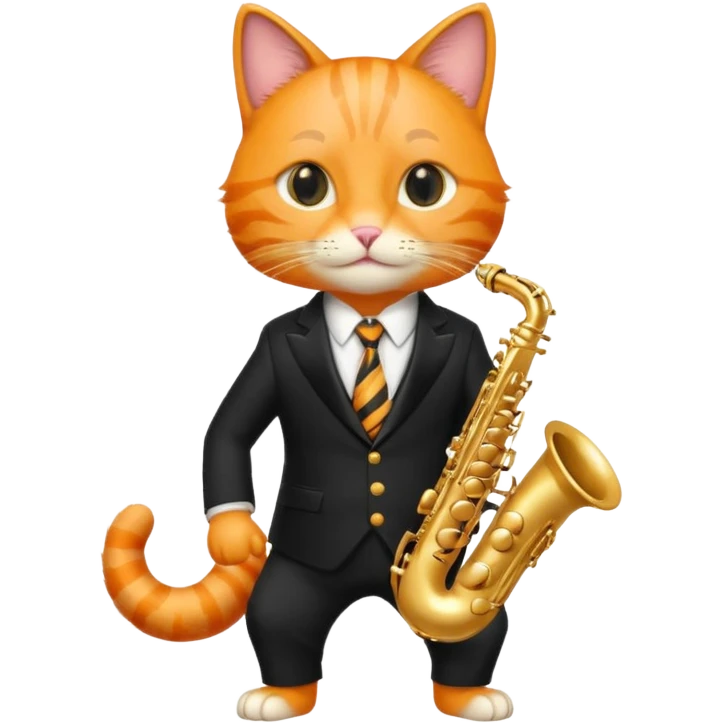 orange cat play gold saxophone, wear black suit emoji