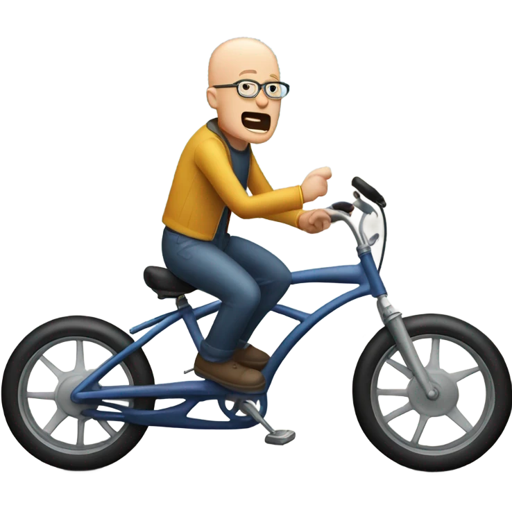 A half bald man riding a bike with a thought bubble yelling band emoji