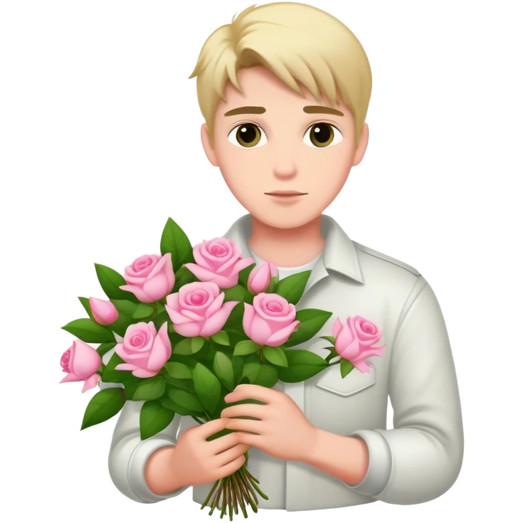 A cool bad boy with fair skin holding a bouquet of pink jasmine roses emoji