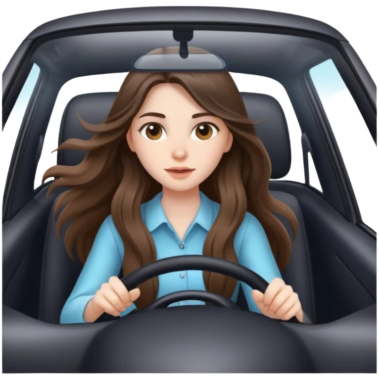 beautiful pale brunette girl with long hair driving car fast emoji