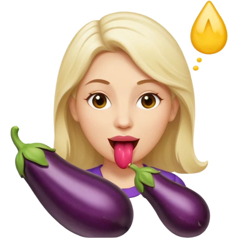 White woman holding an aubergine with white squirt on her face. She has her tongue out emoji