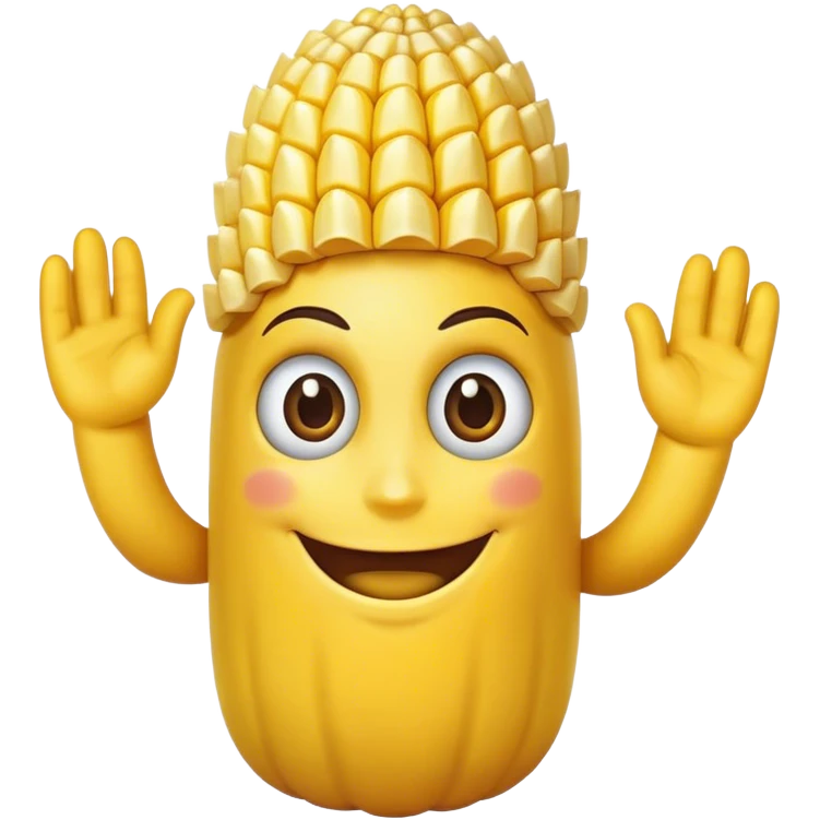 A corncob with hands, feet, eyes and a smiling face emoji