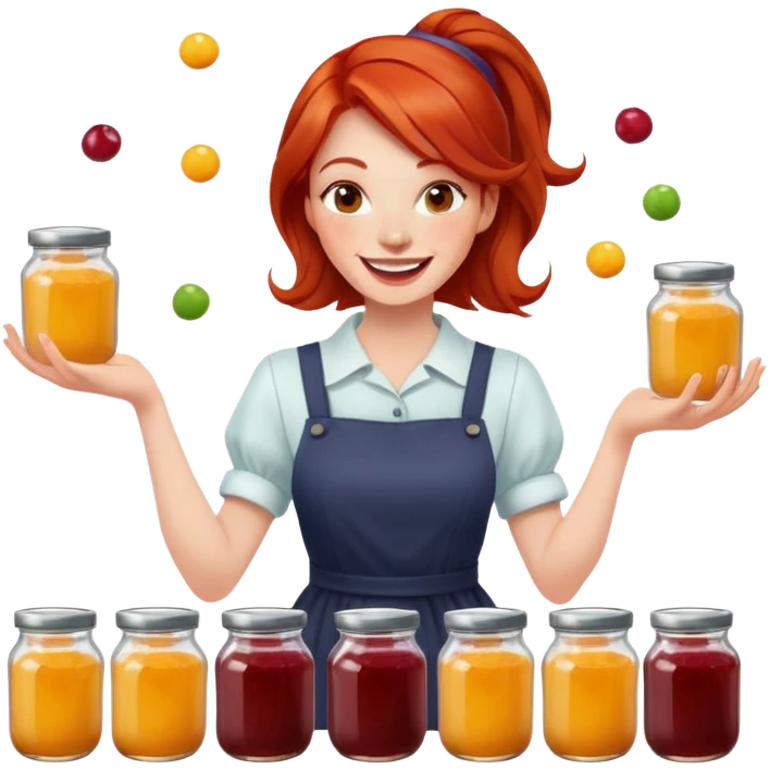 redhead woman juggling with 3 glass jars with jam emoji