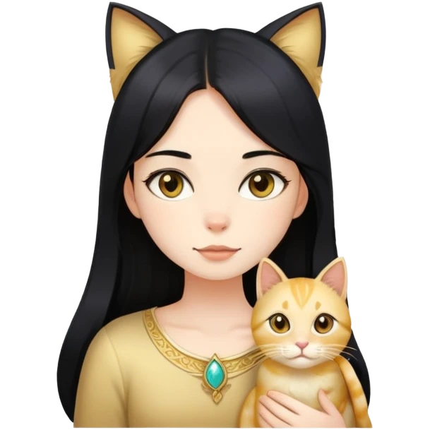 long black hair girl  with light gold cat emoji