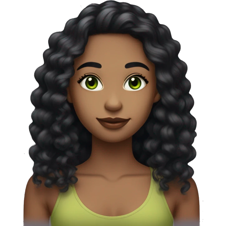 long curly black hair, full body head to toe, eyes with a hint of green, eyes positive  canthal tilt ,medium thick eyebrows , and thin lips, round face shape, soft jawline, full body, teen, sensual, american, woman, well defined feminine body emoji