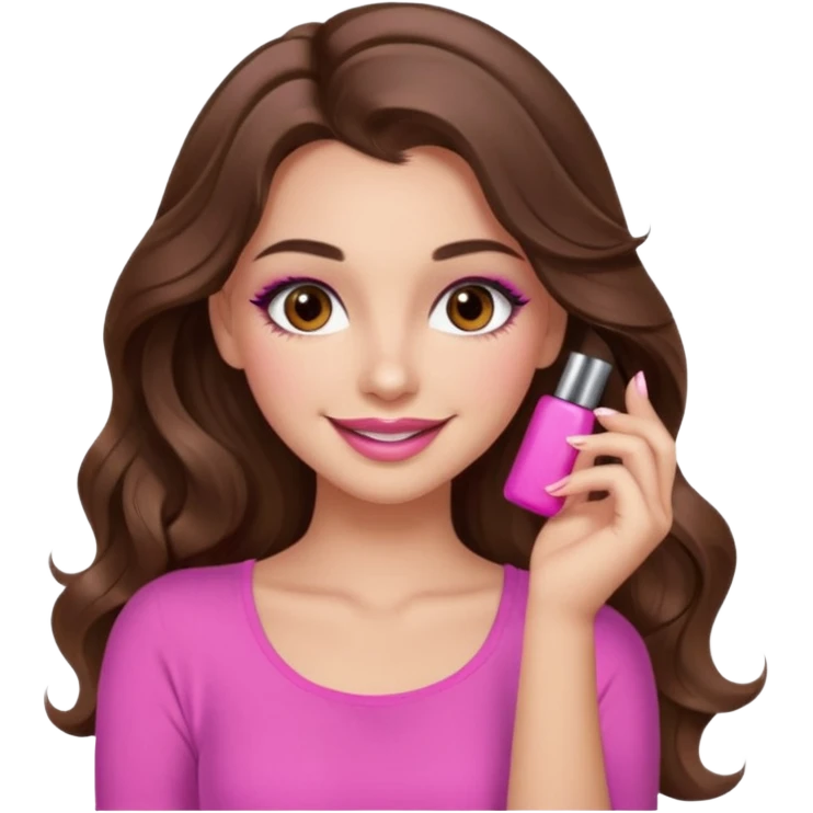 girl with long wavy brown hair, brown eyes, long lashes makeup, sexy pink lips, light to medium complexion, pink sexy top, smiling, hand by the cheek emoji