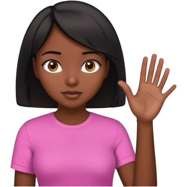 Dark skin girl asking for money with hand out make her more fabulous but still a clean look with a black bob and pink shirt  brown eye  emoji
