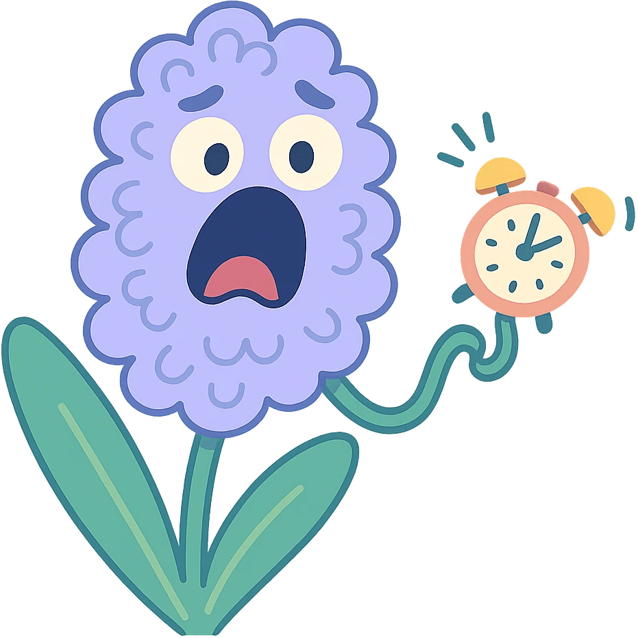 pastel blue hyacinth flower with alarmed eyes and a screaming mouth, waving a tiny alarm clock, fluffy and round, pastel toon style emoji