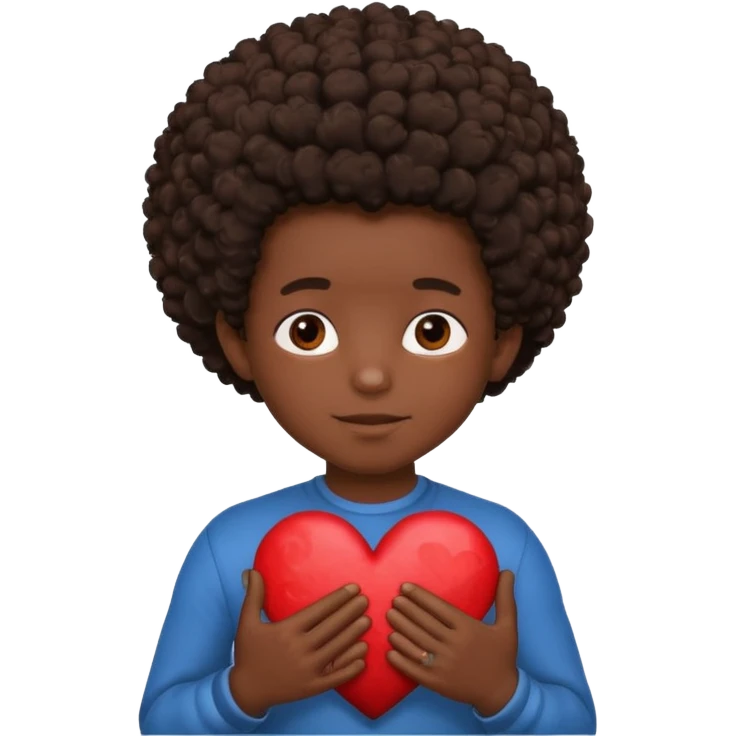 I want a black boy with chocolate skin and a small messy afro holding a heart close to his chest with his hands over the heart as if to present it to someone he loves. I want the name “Aja” on the heart. emoji