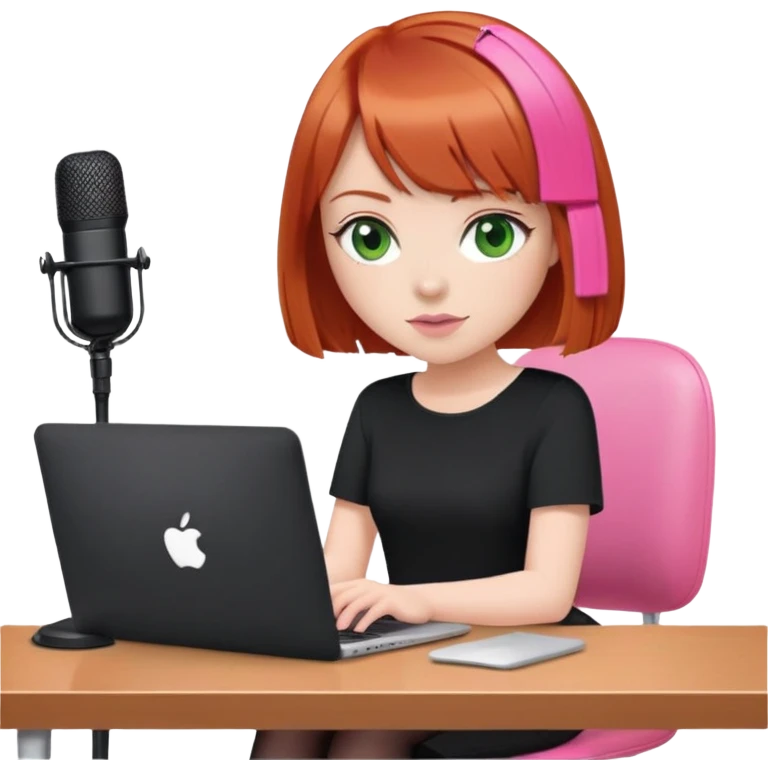  Redhead Bob with fringe with green eyes sat at desk with pink MacBook and  podcast microphone black top and pink chair  emoji