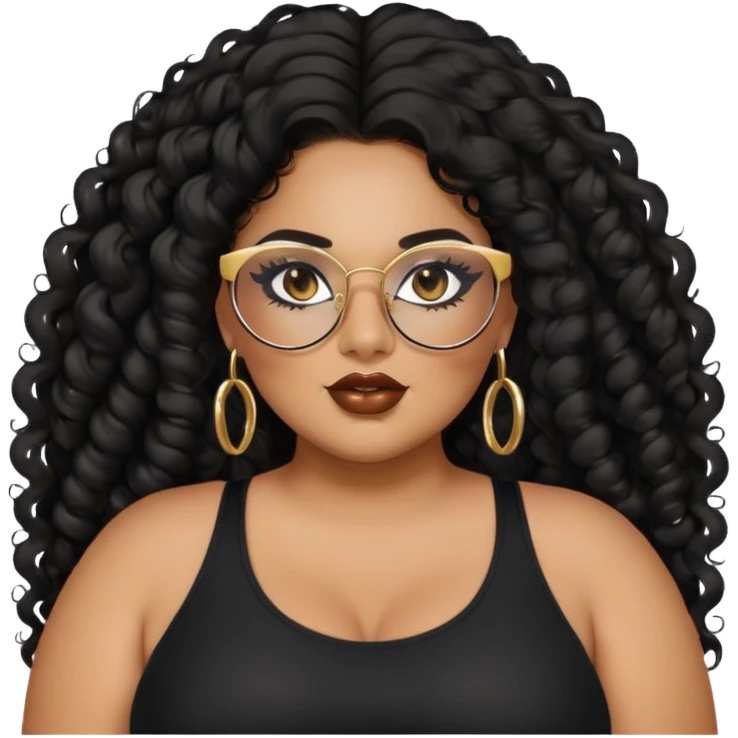 big plus size, latina, darker tan skin, gold hoops, long black curly hair, baddie,pretty, makeup, lipgloss, black eyeliner, long hair, black top, black glasses emoji