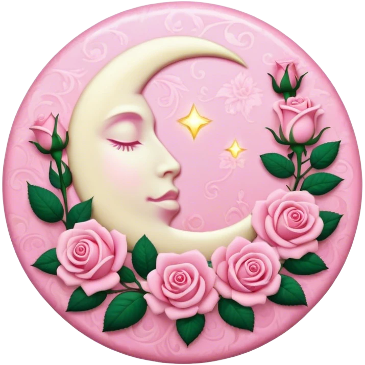 A round pink button with a light cream full damask moon and pink roses in the center emoji