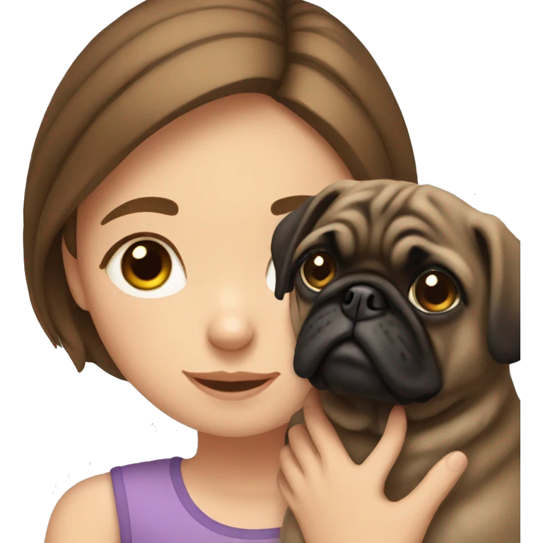 Girl with brown hair petting her pug emoji