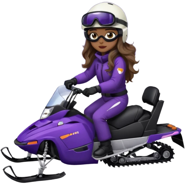 purple snowmobile, me Sitting on snowmobile goggles and helmet not covering my face brown eyes long wavy hair white skin dark purple formula 1995 snowmobile change sled color dark purple and white not yellow Snowmobile helmet and goggles, not on my face pants black no glasses on my face previous one emoji